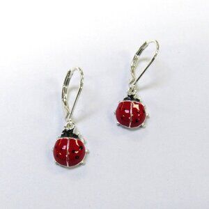 Red Ladybug Lever Back Dangle Drop Pierced Earrings Stocking Stuffer Gift